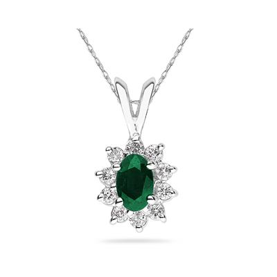 Oval Shape Emerald & Diamond Pendant in 14K White Gold