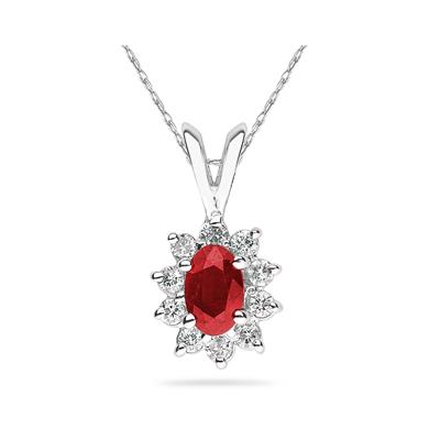 Oval Shape Ruby & Diamond Pendant in 14K White Gold