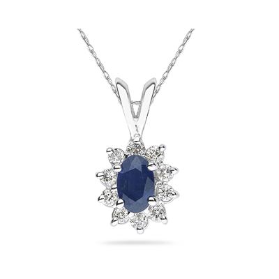 Oval Shape Sapphire & Diamond Pendant in 14K White Gold