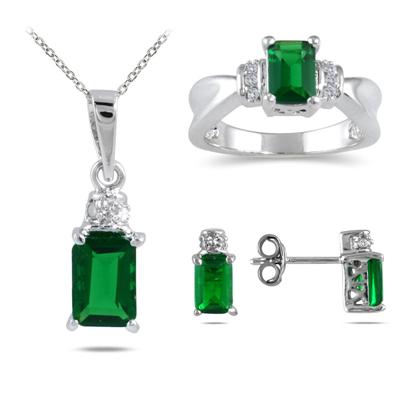 Created Square Emerald and Genuine Diamond Jewelry Set in .925 Sterling Silver
