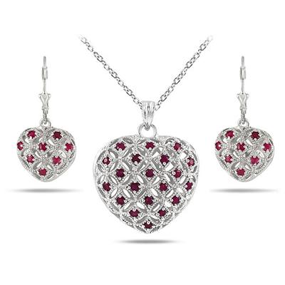1.50 Carat Ruby Puff Heart Pendant and Earring Set in Solid .925 Sterling Silver