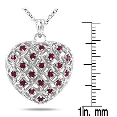 1.50 Carat Ruby Puff Heart Pendant and Earring Set in Solid .925 Sterling Silver