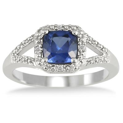 6mm Cushion Cut Lab Created Sapphire and Genuine Diamond Ring in .925 Sterling Silver