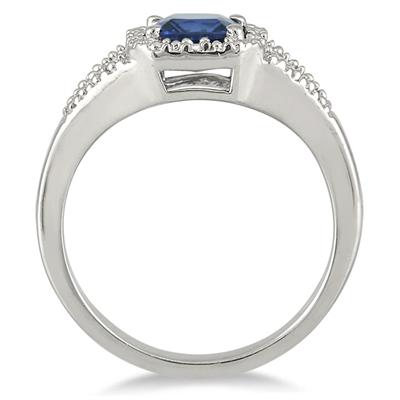 6mm Cushion Cut Lab Created Sapphire and Genuine Diamond Ring in .925 Sterling Silver