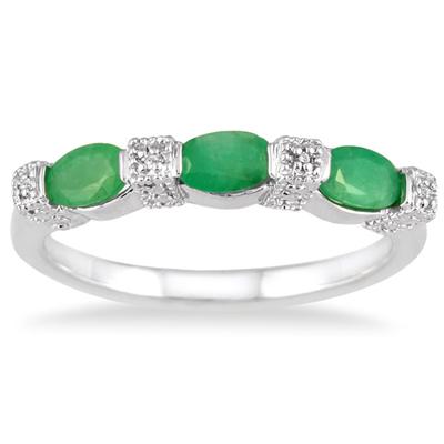 Emerald and Diamond Three Stone Band in .925 Sterling Silver
