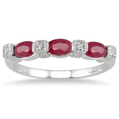 Ruby and Diamond Three Stone Band in .925 Sterling Silver