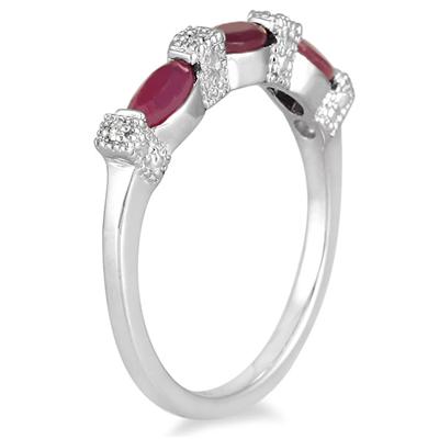 Ruby and Diamond Three Stone Band in .925 Sterling Silver