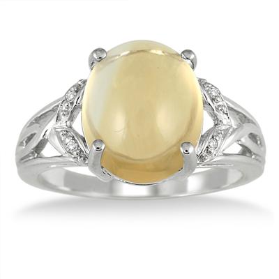 12X10mm Oval Cabochon Citrine and Diamond Cabuchon Ring in .925 Sterling Silver