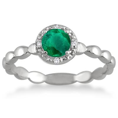 1/2 Carat Natural Round Emerald and Diamond Ring in .925 Sterling Silver