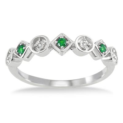 Created Round Emerald and Genuine Diamond Ring in .925 Sterling Silver