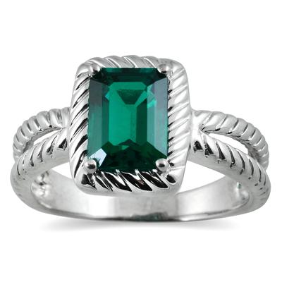 8x6 Created Green Emerald Ring in .925 Sterling Silver