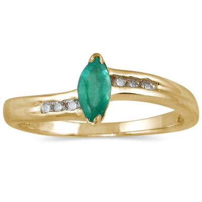 Marquise Emerald and Diamond  Slender Wave Ring