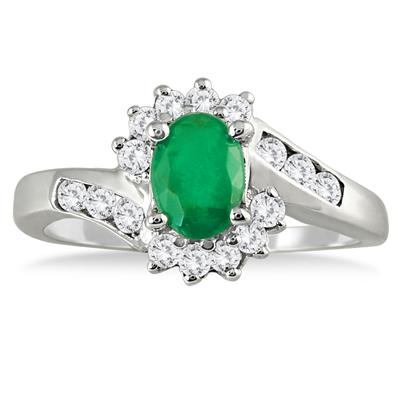 Emerald and Diamond Royal Flower Twist Ring in 14K White Gold