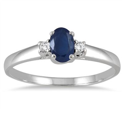 6x4MM All Natural Oval Sapphire and Diamond Three Stone Ring in 14K White Gold 