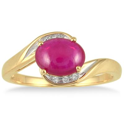 1.75 Carat Oval Cabochon Ruby and Diamond Ring in 10K Yellow Gold