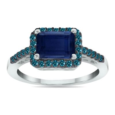 2 1/2 Carat Emerald Cut Sapphire and 1/3 CTW Blue Diamond Ring in 10K White Gold