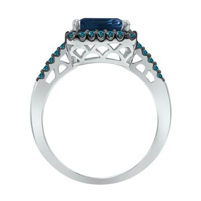 2 1/2 Carat Emerald Cut Sapphire and 1/3 CTW Blue Diamond Ring in 10K White Gold