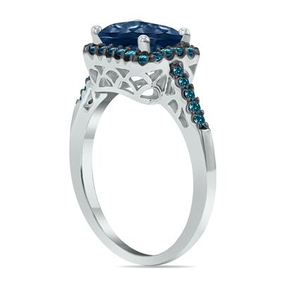 2 1/2 Carat Emerald Cut Sapphire and 1/3 CTW Blue Diamond Ring in 10K White Gold