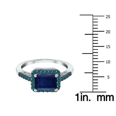 2 1/2 Carat Emerald Cut Sapphire and 1/3 CTW Blue Diamond Ring in 10K White Gold
