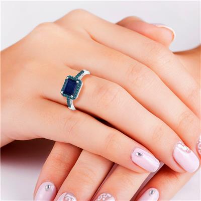 2 1/2 Carat Emerald Cut Sapphire and 1/3 CTW Blue Diamond Ring in 10K White Gold