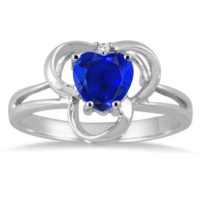 1.00 Carat Created Heart Shape Sapphire and Genuine Diamond Ring in .925 Sterling Silver