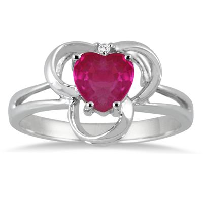 1.00 Carat Heart Shape Genuine Ruby and  Diamond Ring in .925 Sterling Silver