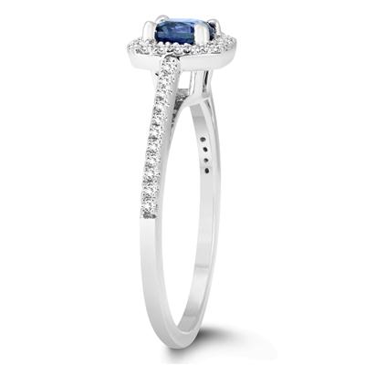 Cushion Sapphire and Diamond Halo Engagement Ring in 14K White Gold