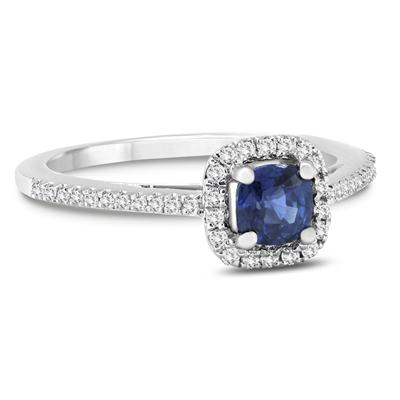 Cushion Sapphire and Diamond Halo Engagement Ring in 14K White Gold