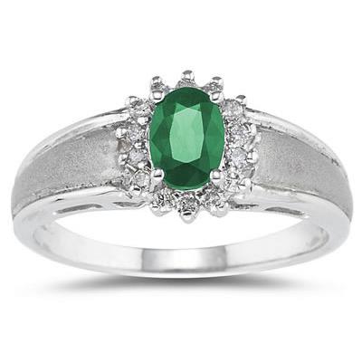 Emerald  and Diamond Flower Ring 10k White Gold
