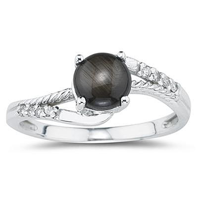 Black Star Sapphire and Diamond  Ring in 10k White Gold 