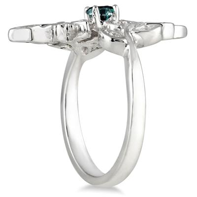 Blue and White Diamond Leaf Ring in 10K White Gold