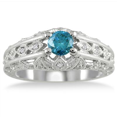 5/8 Carat Blue and White Art Deco Diamond Ring in 10K White Gold 