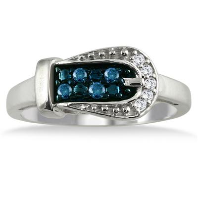 1/6 Carat Blue and White Diamond Buckle Ring in .925 Sterling Silver