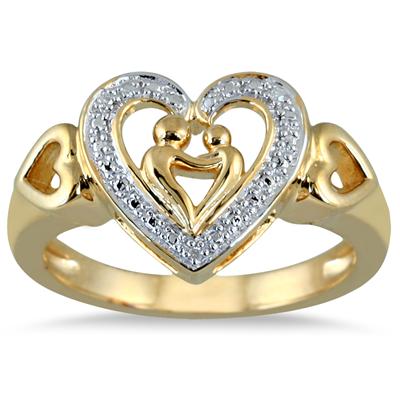 Mother and Baby Diamond Heart Ring in Gold Plated Sterling Silver 