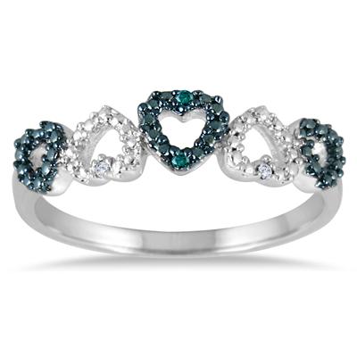 Blue and White Diamond Heart Shape Ring in .925 Sterling Silver
