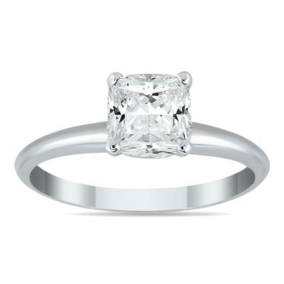 AGS Certified 1 Carat Cushion Cut Diamond Solitaire Ring in 14K White Gold