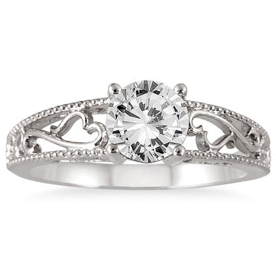 AGS Certified 1 Carat Diamond Engraved Ring in 14K White Gold (J-K Color, I2-I3 Clarity)