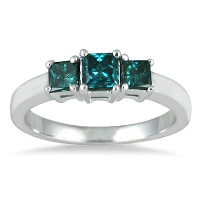 Three Stone Blue Diamond Ring in 14K White Gold