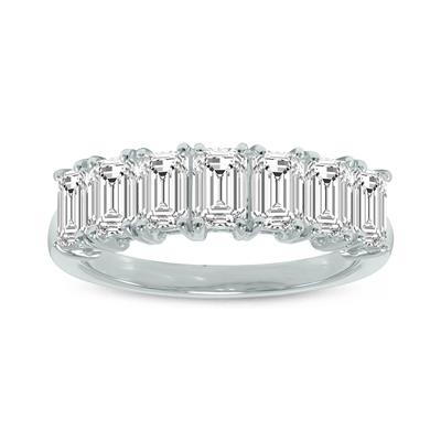 3.50 Carat TW Emerald Cut Seven Stone Lab Grown Diamond Wedding Anniversary Ring 14K White Gold