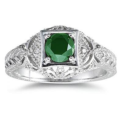 Emerald and Diamond Antique Byzantine Ring in 14K White Gold