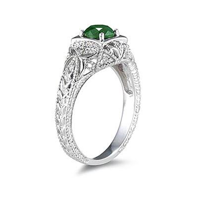 Emerald and Diamond Antique Byzantine Ring in 14K White Gold