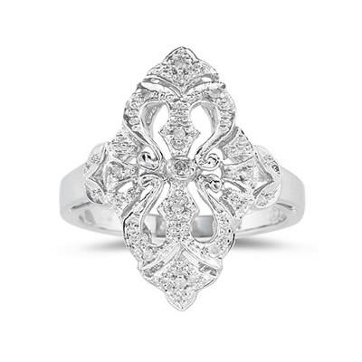 Engraved Antique 10k White Gold Diamond Ring