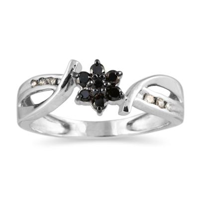 Black and White Diamond Flower Ring in 10K White Gold