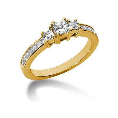 1.10CTW Princess Diamond Three Stone Ring with Side Stones in 14k Yellow Gold