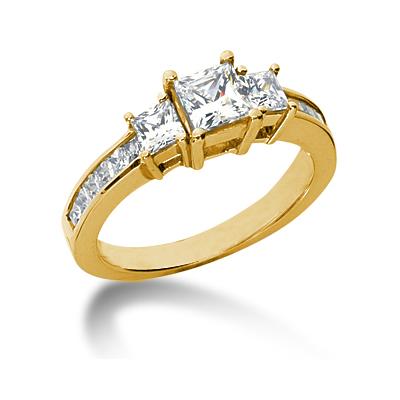 1.64CTW Princess Diamond Three Stone Ring with Side Stones in 18k Yellow Gold