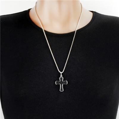 Stainless Steel Black Carbon Fiber Inlay Cross Necklace