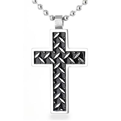 Stainless Steel Polished Black Inlay Chain Link Cross Pendant on Ball Chain with Lobster Clasp