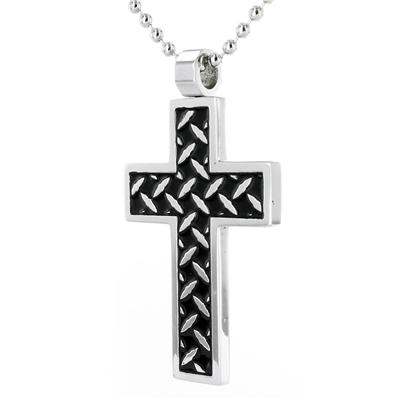 Stainless Steel Polished Black Inlay Chain Link Cross Pendant on Ball Chain with Lobster Clasp