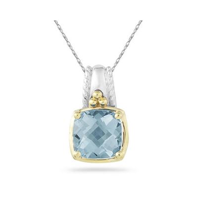 Cushion Cut Aquamarine Pendant in 14K Yellow Gold And Silver