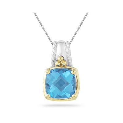 Cushion Cut Blue Topaz Pendant in 14K Yellow Gold And Silver
